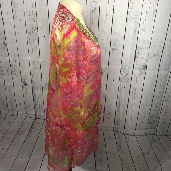 Sahiba Women's Red Floral Top Sequin Trim semi see through tie waist ~me… - Picture 4 of 7